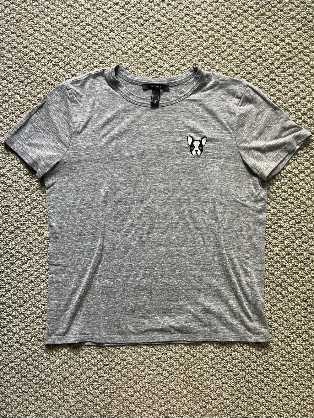 Grey Crewneck T-Shirt with French Bulldog Dog Patch size small f21